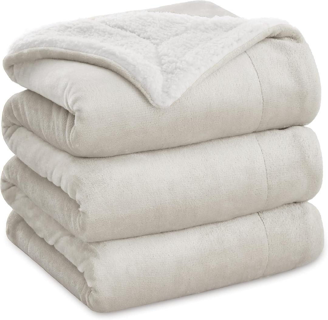 Bedsure Sherpa Fleece Blankets Queen Size for Bed - Thick and Warm, Soft Fuzzy Plush Queen Blanket for Winter, Linen, 90x90 Inches