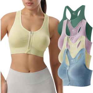 Zip Front Sports Bras for Women-Raceback Medium Support Padded Bra for Workout Yoga Gym Running (Large, Skin+laurel+purple+blue)