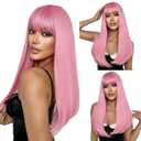 SUKRI Pink Wigs with Bangs for Women Long Straight Pink Wig 22 Inch Colorful Synthetic Wig Natural Looking Hair Wigs for Daily Party Cosplay Use