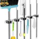 AceMining 5 Racks and 4 Hooks Mop and Broom Holder Wall Mount, Broom Organizer Storage Tool Racks Stainless Steel Heavy Duty Hooks Self Adhesive Solid Non-slip for Home Kitchen Garden Laundry Garage