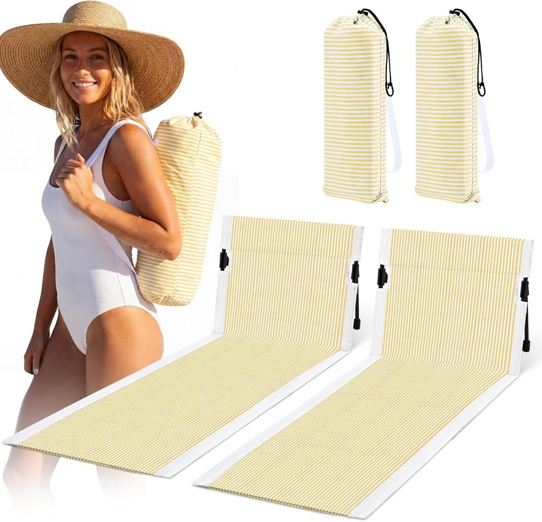 Sliner 2 Pcs 63" Foldable Beach Lounge Chairs Portable Lightweight Beach Mat Lounger Chair with Back Support Pool Seat for Sunbathing Sand Tanning Outdoor Poolside Camping Lawn(Yellow & White Striped)