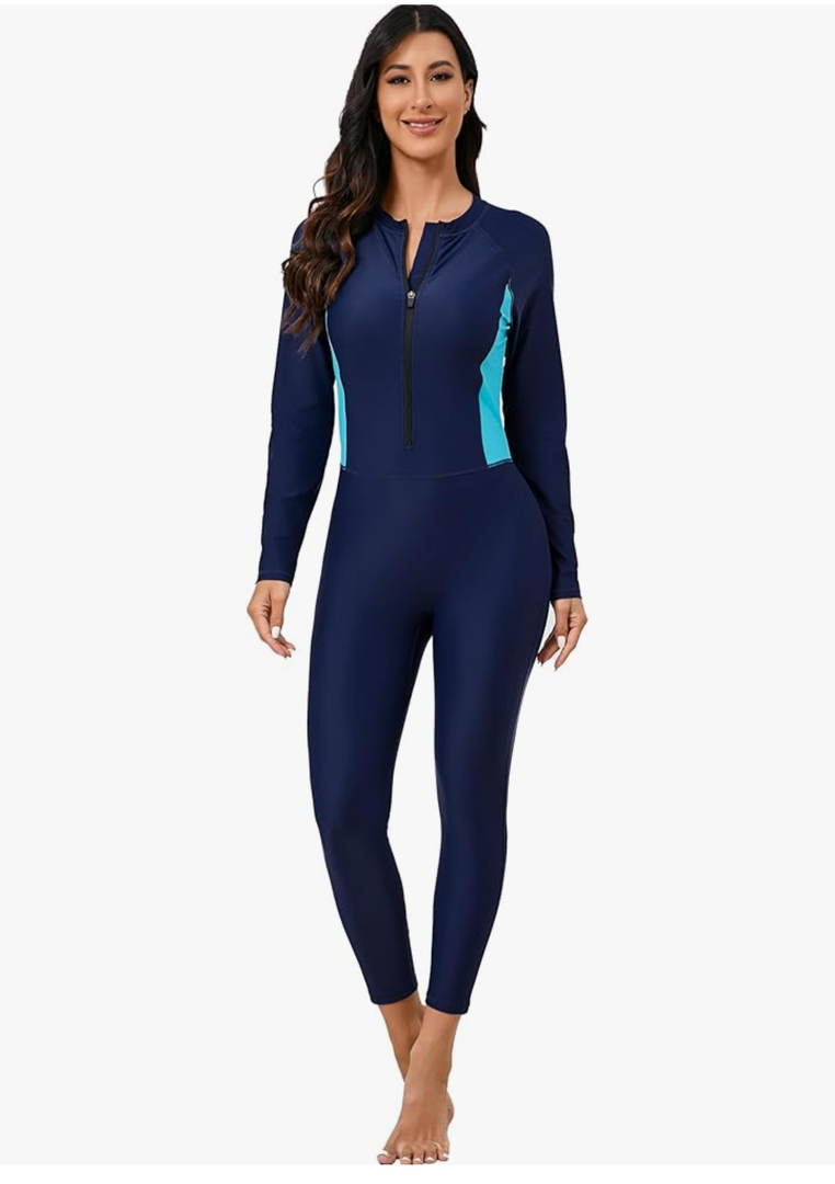 Women's One Piece Zip Front Rash Guard Swimsuit Full Body Long Sleeve Long Pants Built in Bra UPF 50+ Surf Swimwear, Size 2XS
