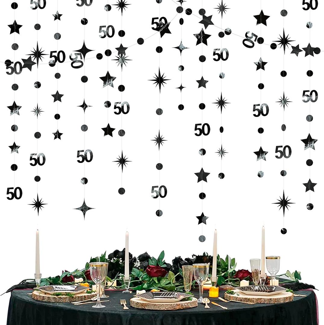 Black 50th Birthday Decorations Number 50 Circle Dot Twinkle Star Garland Metallic Hanging Streamer Bunting Banner Backdrop for 50 Year Old Birthday Happy 50th Anniversary Fiftieth Party Supplies
