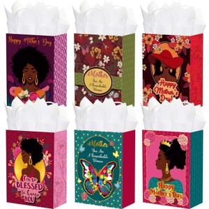 Sweetude 24 Pcs African American Mother's Day Gift Bags with Tissue Paper, Happy Mother's Day Paper Bags with Handle for Black Women Mom Holiday Birthday Party Favors