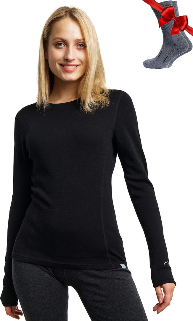 Merino.tech Merino Wool Base Layer Women - 100% Merino Wool Heavyweight, Midweight, Lite Long Sleeve Thermal Shirt, Large