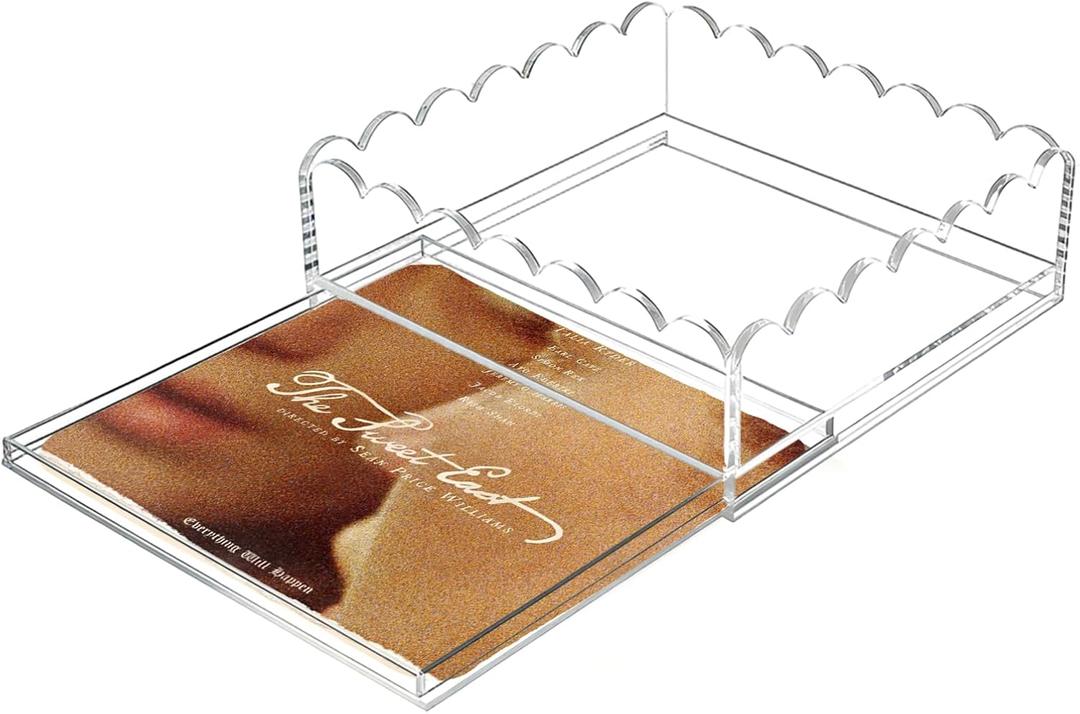 Acrylic Trays for Needlepoint 6" x 6", OUPSAUI Scalloped Acrylic Tray with Drawer for Insert Needlepoint, Photos, Art, Fabric, Napkin, Messages Display Basket, Decorative Tray Gift for Home Office