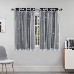 Black Curtains 45 Inch Length 2 Panels Set Short Cute Blackout Curtain for Girls Room Decor Star Cutout Aesthetic Nursery Drapes Double Layer with Lace Sheer Overlay