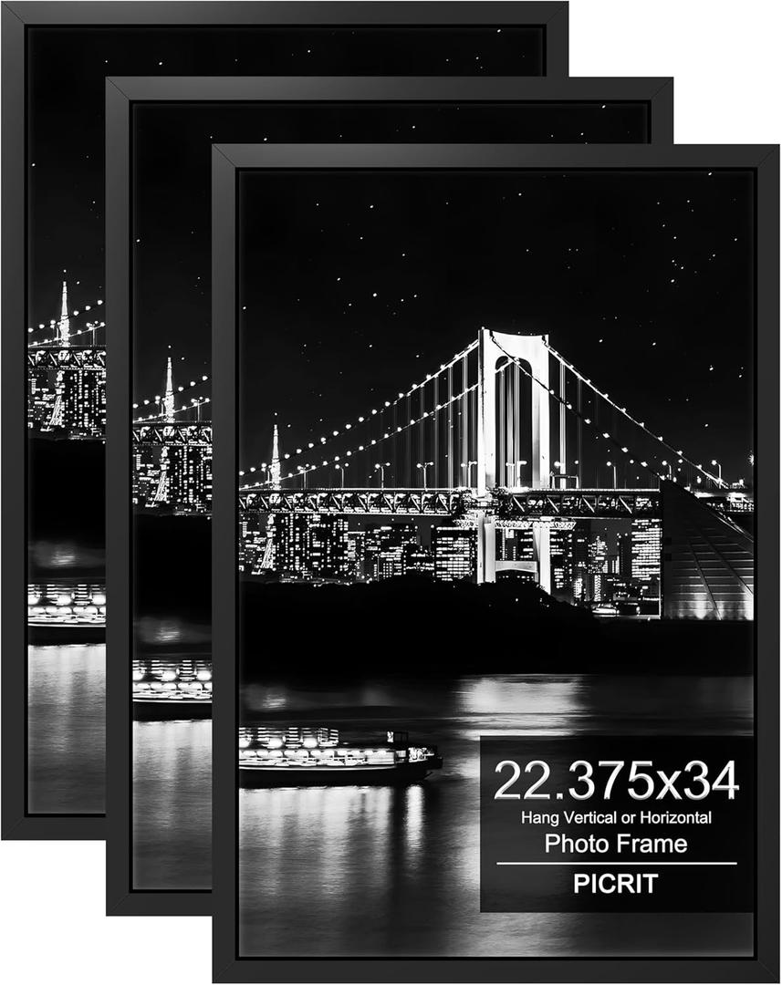 Picrit 22.375x34 Picture Frame 3 Pack, Black Poster Frame, Display Poster 18 x 24 with Mat or 22.375 x 34 Without Mat for Horizontal or Vertical Wall Mounting