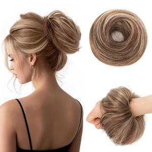 MY-LADY 100% Human Hair Messy Bun Hair Piece, Natural Wavy Messy Buns Hair Pieces for Women Hair Buns with Elastic Band Updo Ponytail Extension Medium Brown Mix Bleach Blonde (Straight)