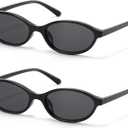 Retro Oval Cat Eye Sunglasses for Women Small Y2K Thin Frame 100% UV Protection Lightweight Vintage 90s Slim Black Sun Glasses 2 Pack