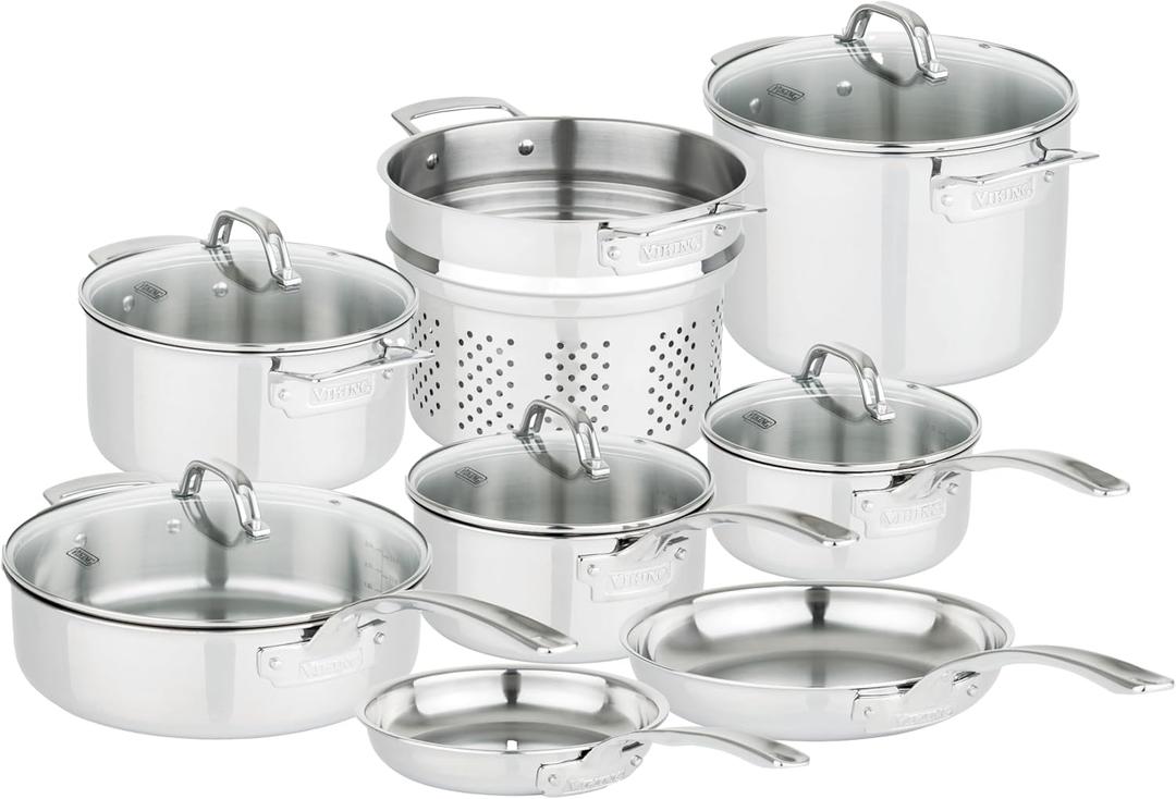Viking 3-Ply Pots and Pans Set, 13 Piece Stainless Steel Cookware, Glass Lids, Strainer, Silver