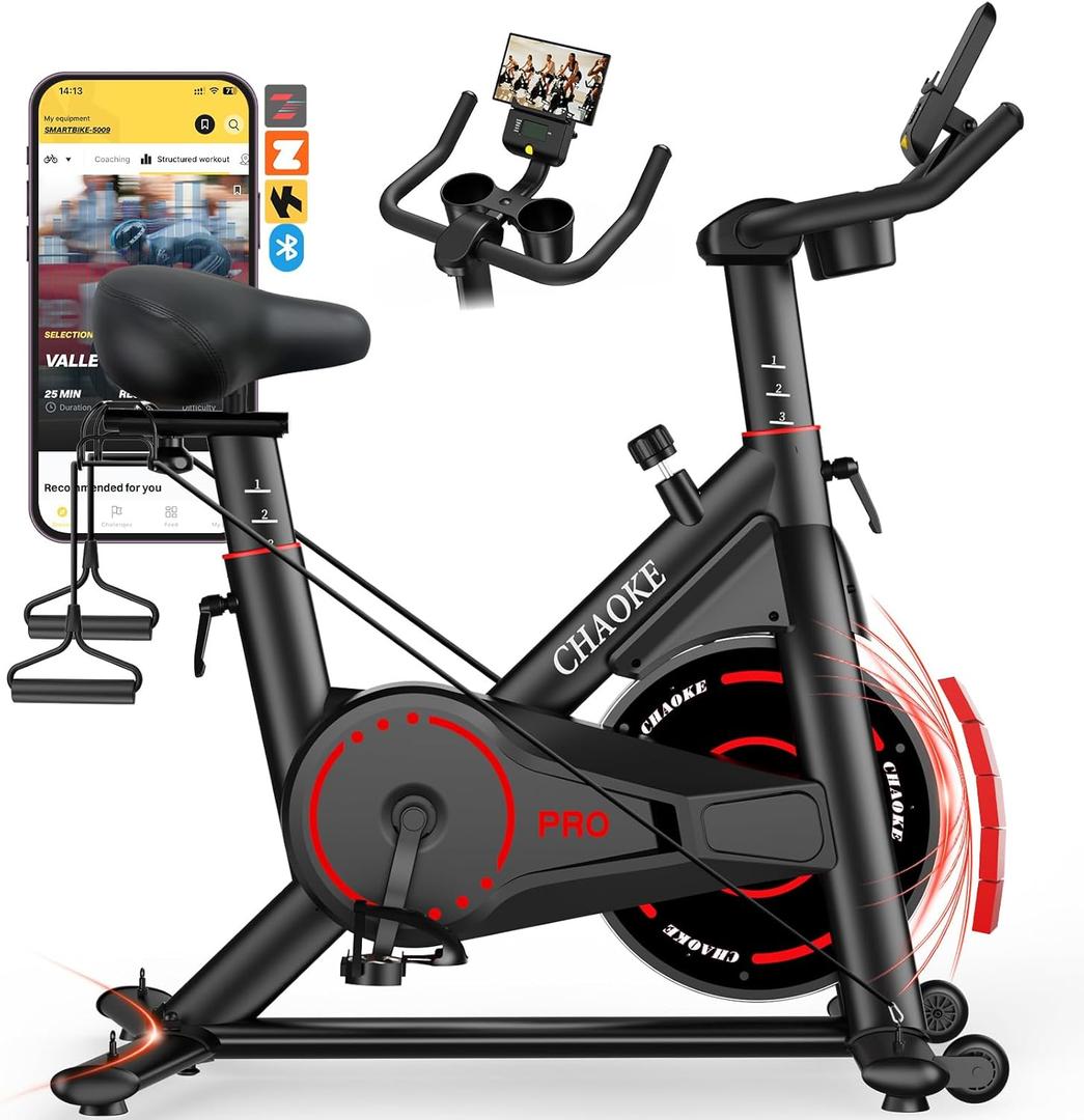 Exercise Bike, CHAOKE Quiet Adjustable Magnetic Resistance Stationary Bike for Home Cardio with App Compatible, 350LB Weight Capacity Indoor Cycling Bike with Comfortable Seat & Digital Display (PRO Upgraded Magnetic + App Compatible -Black Red)