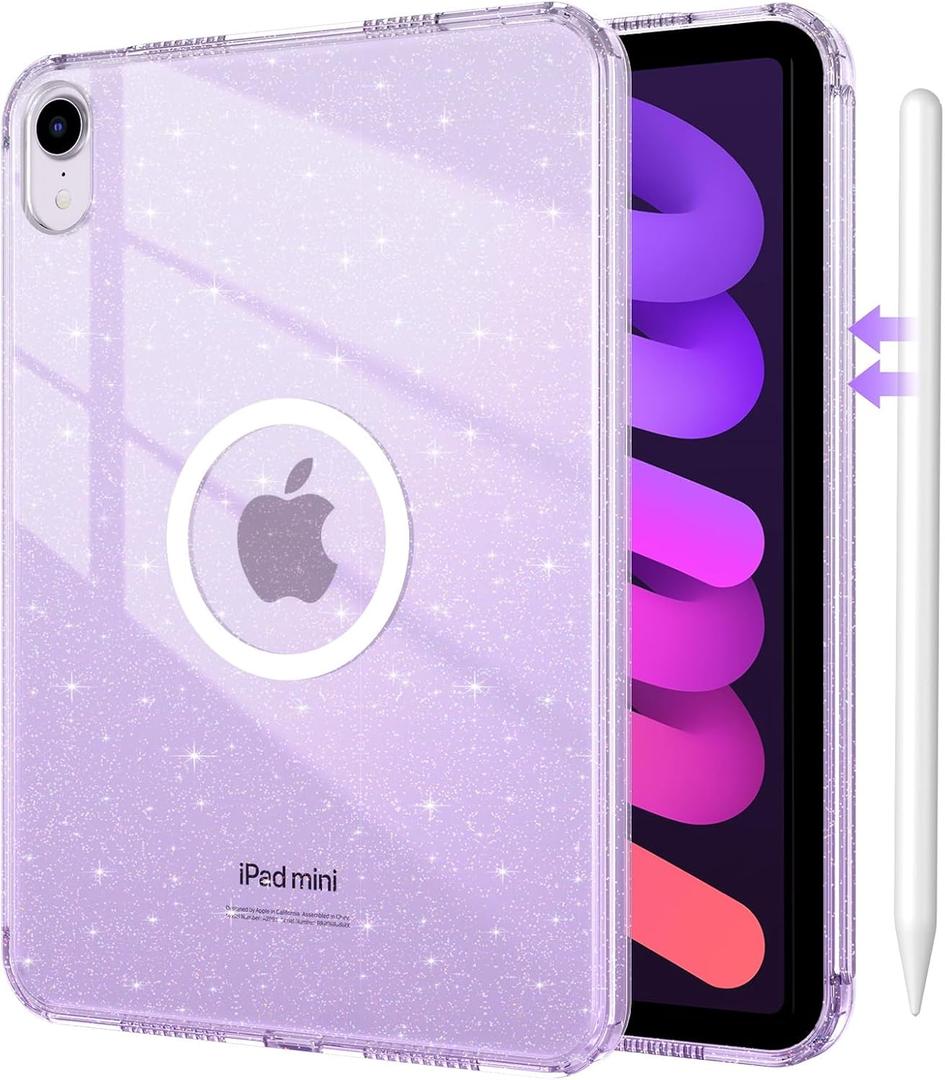 DUEDUE for iPad mini 7 2024 (A17 Pro)/iPad mini 6 2021 Case Magnetic, iPad mini 7th/6th Gen Cases Glitter Anti-Yellowing Sparkle Cover Transparent Case for iPad mini 7/Mini 6, Purple/Glitter