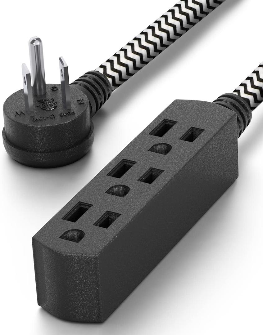 PLUGTUL Flat Plug Extension Cord 1.5 FT, 3 Outlet Braided Black Extension Cord, 16 Gauge 3 Prong Grounded Wire, Home and Office, ETL Listed