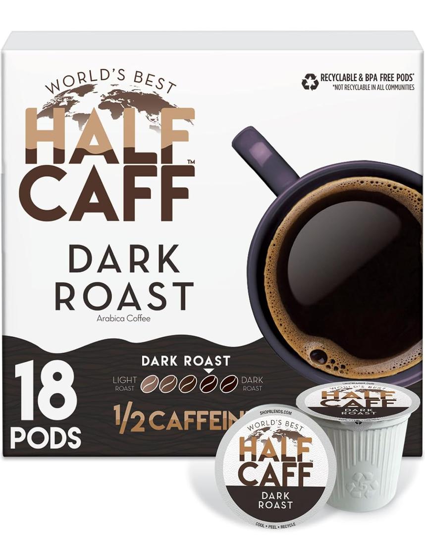 World's Best Half Caff Dark Roast Coffee Pods, 18 ct, Single Serve Pods  100% Arabica Coffee, Compatible with Keurig K Cups Maker