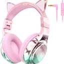 QearFun Kids Cat Ear Headphones Wired with Mic, 85/94dB Safe Volume Limit, Sparkly Wired Headset, Foldable, Sharing Port & Tangle-Free Cord for School, Chromebook, Tablet, Travel, Boys & Girls