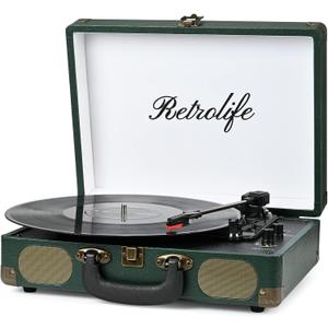 Vinyl Record Player 3-Speed Bluetooth Suitcase Portable Belt-Driven Record Player with Built-in Speakers RCA Line Out AUX in Headphone Jack Vintage Turntable Dark Green