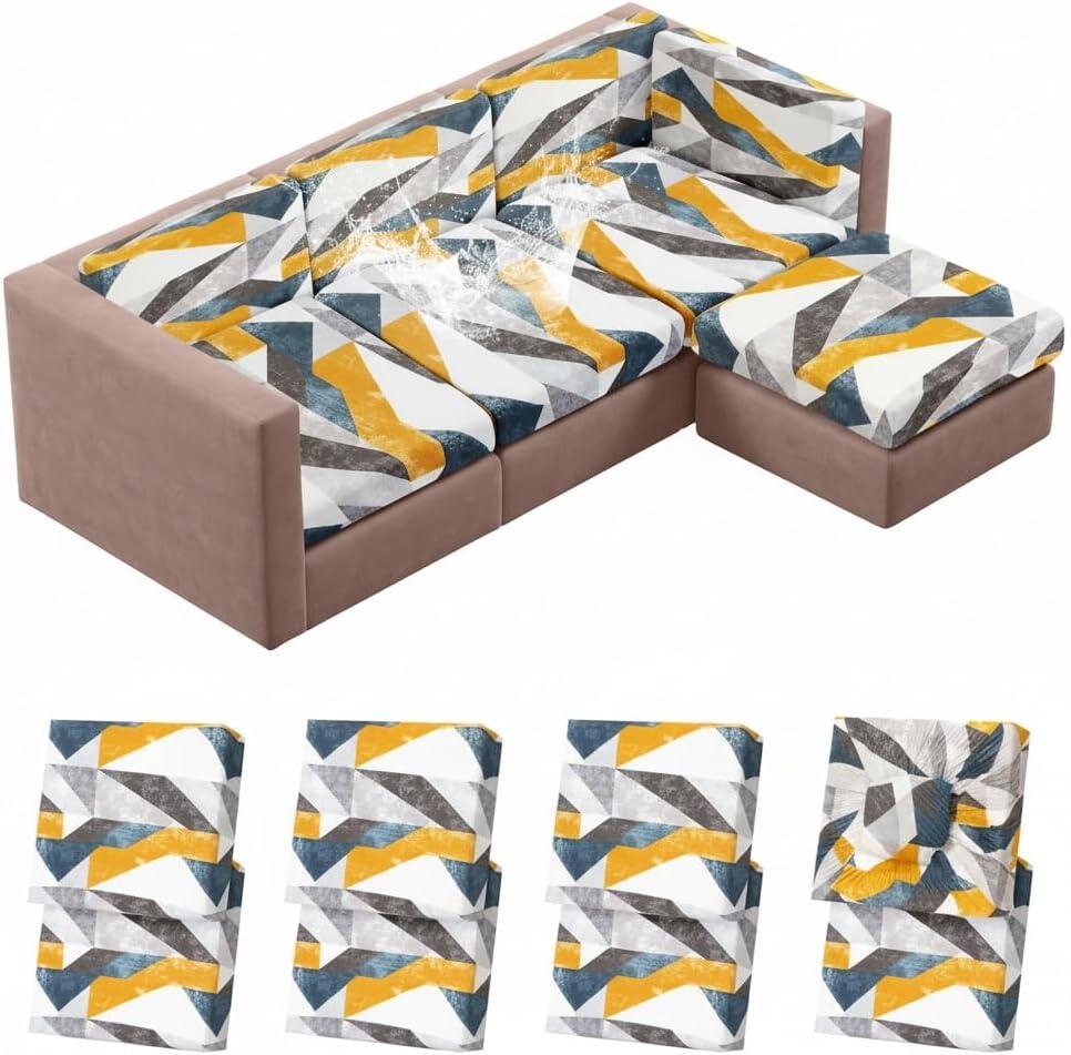 8Pcs Stretch Patio Cushion Covers, Printed Waterproof Patio Sofa Cushion Covers with Buckle Design, Washable Outdoor Couch Chair Cushion Covers Geometry Replacement Furniture Cover