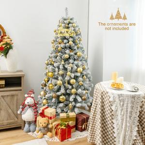7.5 Feet Artificial Snow Flocked Hinged Christmas Tree with Metal Stand
