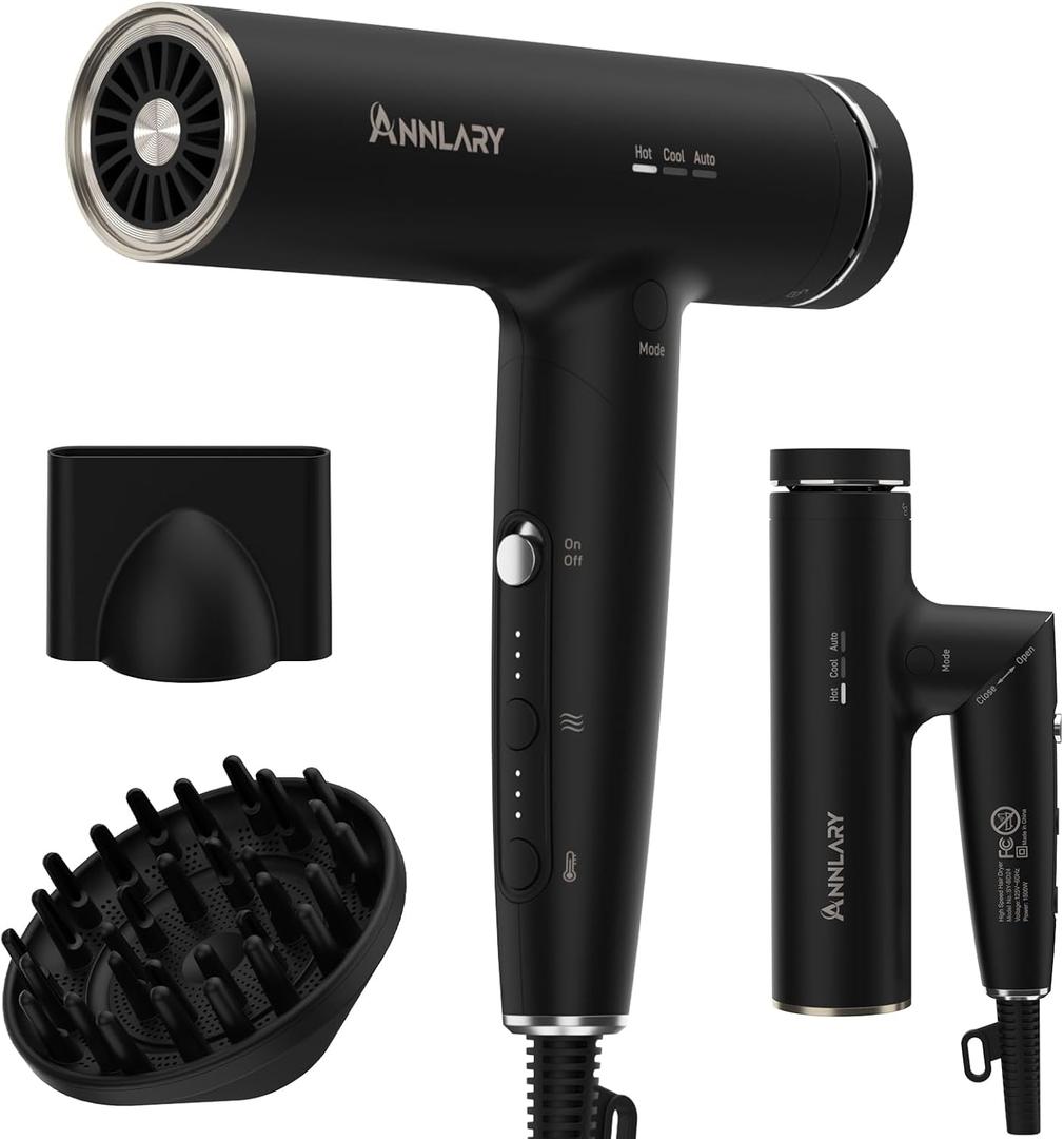 Hair Dryer, Blow Dryer with Diffuser for Curly Hair | Plasma Ionic Hairdryer for Frizz Control | Low Noise | Foldable for Travel | 6.5Ft ALCI Cord | Magnetic Nozzle for Faster Drying (Black/Sliver)
