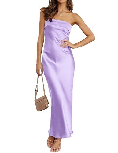 MEROKEETY Women 2025 Summer Strapless Satin Tube Bodycon Backless Wedding Guest Maxi Dress, Purple, S