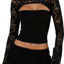 Womens Sexy 2 Piece Mini Skirt Set Long Sleeve Lace Cutout Top Double Lace Mini Bodycon Skirt Y2K Going Out Outfits (Small, Black)
