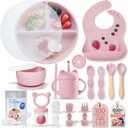 Remonda 23-Piece BPA-Free Silicone Baby Feeding Set | Extra Large Suction Plates, Toddler Bowls, Self Feeding Spoons, and More | Dishwasher Safe| Baby Led Weaning Supplies (Pink) B
