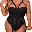 OYOANGLE Women's Plus Size Ring Linked Cut Out Sheer Mesh Teddy Bodysuit Garter Lingerie Set Black 3XL