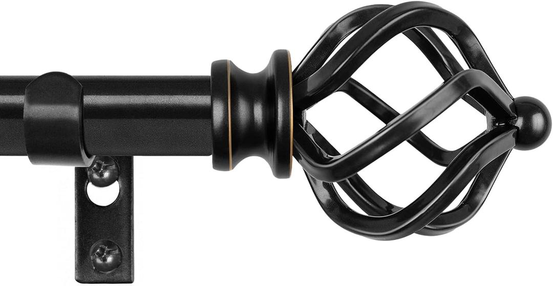 KAMANINA Curtain Rods for Windows 66 to 120 Inch, 3/4 Inch Black Curtain Rod 32 to 115 Inches (2.6-9.6ft) Splicing Adjustable Single Drapery Rod with Twisted Cage Finial