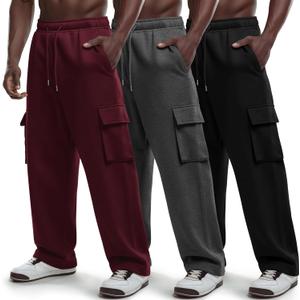 Neer 3 Pack Men's Cargo Sweatpants Wide Leg Track Pants Athletic Open Bottom Joggers Drawstring Lounge Pants with Pockets, Large