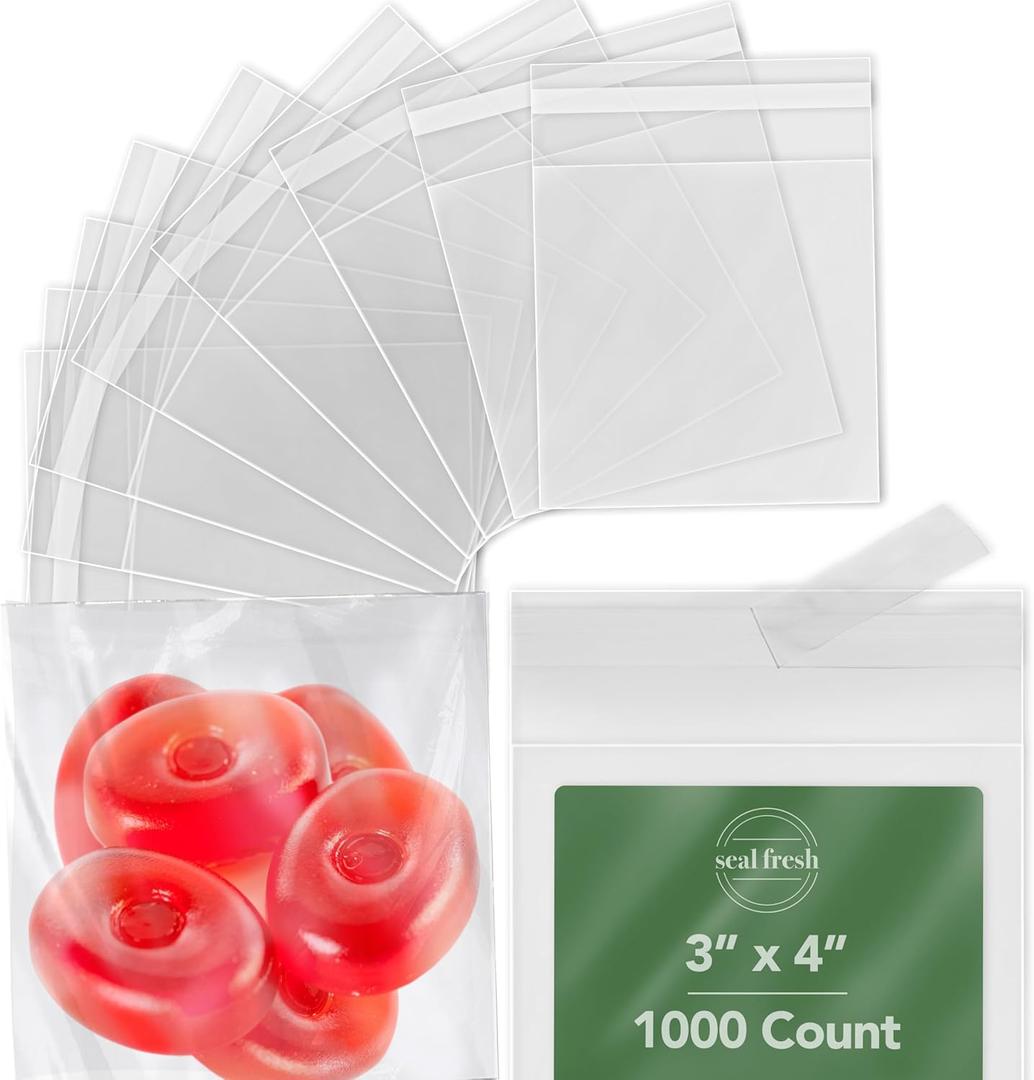 Seal Fresh Self Sealing Cellophane Bags - 3" x 4" (1000 Count) - Clear Plastic Resealable Cello Bag - Cellophane Treat Bags, Cookie Bags for Packaging, Candy bags, Cello Bags, Pastry Bags