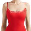 SUUKSESS Women Square Neck Lace Bodysuit Sleeveless Spaghetti Strap Tank Top (Large, Red)