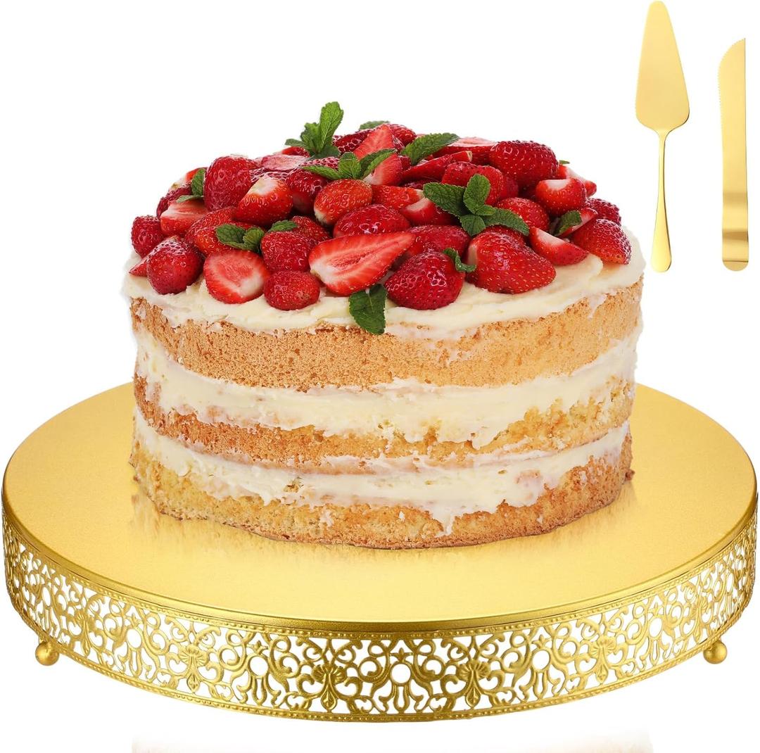 Wenqik 16 Inch Gold Cake Stand Set Metal Round Cupcake Dessert Stand with Cake Cutting, Spatula Wedding Cupcake Pastry Display Candy Holder Display for Wedding Party Birthday Baby Shower(Classic)