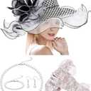 2025 Church Hat for Women Wide Brim Sun Hat Organza Feather Fascinator for Tea Party Wedding Derby (White)