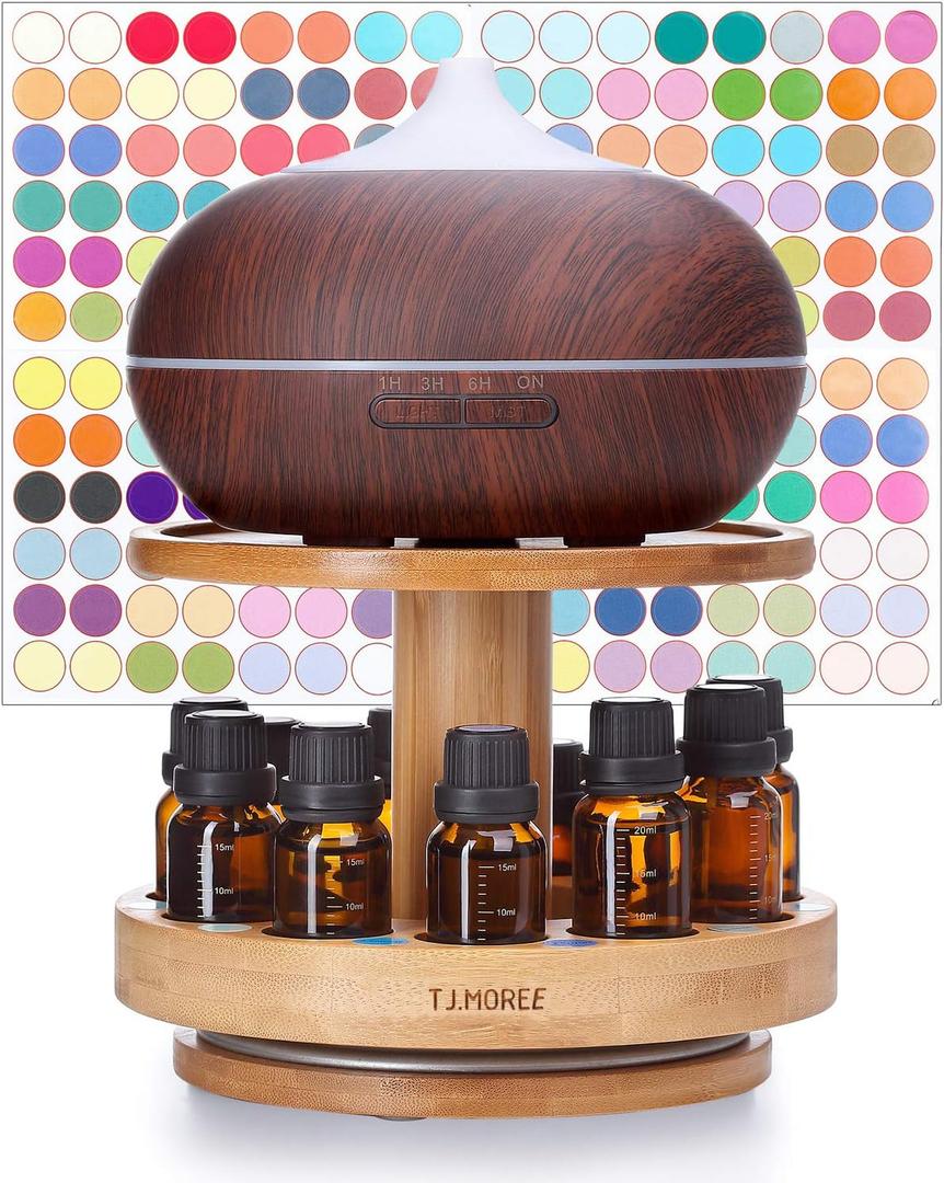 TJ.MOREE Bamboo Diffuser Holder Carousel- 2 Tier Height Increase Rack with Upper Tray for Holding Diffuser, for 5ml, 10ml, 15ml, 20ml Essential Oils Bottles (Wood)