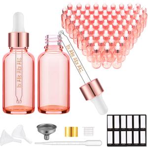PrettyCare 2 oz Tincture Bottles with Dropper (63 Pack Rose Glass Eye Dropper Bottle 60 ml with Measured Pipettes, Golden Caps, Labels, Funnels & Plastic Pipettes) for Essential Oils