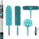TelesPro 20 Foot High Reach Duster Kit with 5-12FT Extension Pole High Ceiling Dusting and Window Cleaning Kit with Telescopic Pole Window Washer&Squeegee,Cobweb Duster,Fan Duster and Feather Duster