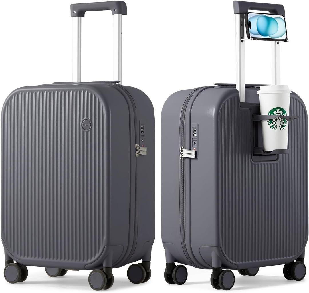 Mixi Carry On Luggage with Cup Phone Holder Hard Shell Rolling Travel Suitcase with Spinner Wheels,20 Inch Rock Grey