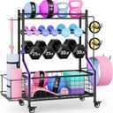WUC Dumbbell Rack, Adjustable Weight Rack for Home Gym Storage, All-in-One Workout Storage Racks with Wheels and Hooks for Dumbbells, Kettlebells, Yoga Mats & Balls, Durable Powder Coated Steel, Black