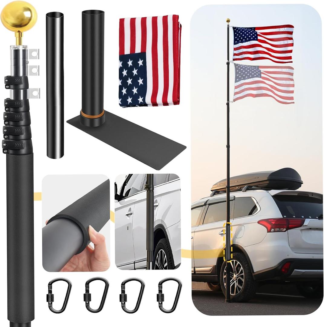20FT Tailgate Flag Pole with Tire Mount, Fits RV Pickup SUV Sedan, Portable RV Flag Pole with 20" High-Density Foam Protective Tube, Thickened Aluminum Flag Pole with an Flag, 60 MPH, Dual Flag Mount