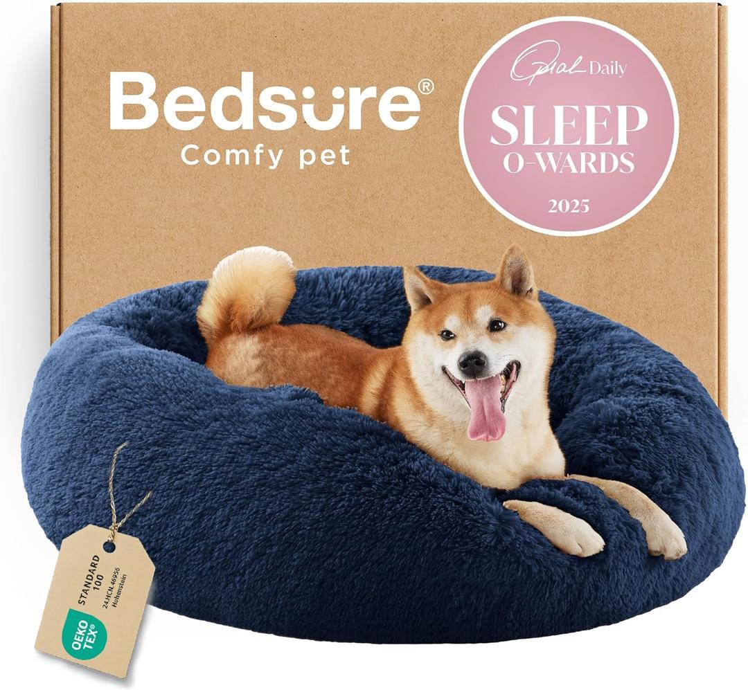 Bedsure Calming Dog Bed for Medium Dogs - Donut Washable Medium Pet Bed, 30 inches Anti-Slip Round Fluffy Plush Faux Fur Cat Bed, Fits up to 45 lbs Pets, 30"L x 30"W x 8"Th, Navy