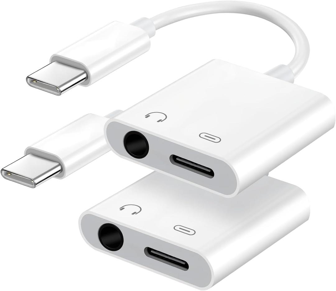 Seulliya USB C to 3.5mm Headphone Jack and Charger Adapter, 2-in-1 Audio & Fast Charging Splitter for Apple iPhone 17/16/15/Pro/Pro Max, iPad, Samsung, Pixel, and More 2Pack (White)