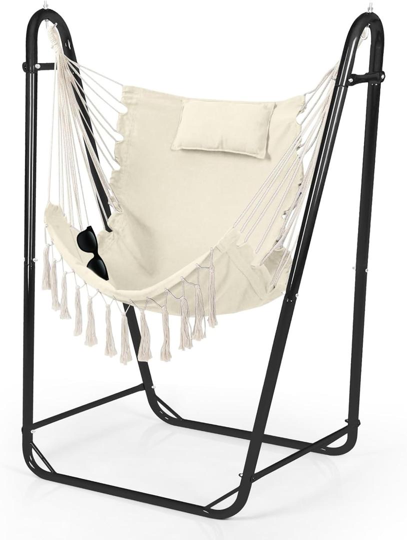 Hammock Chair with U Shape Stand, Cotton Swing Chair with Side Pocket, Heavy-Duty Metal Frame with Hanging Seat, Multi-Functional Swing Stand for Indoor and Outdoor Patio Yard Garden (Blackwhite)