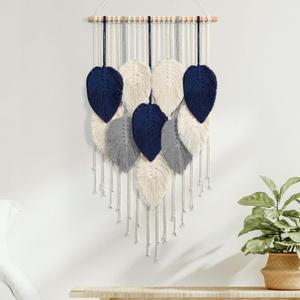 Weldomcor Macrame Wall Hanging Leaf Woven Tapestry Bohemian Chic Wall Hanging Feather Large Handmade Wall Art Decor for Bedroom Living Room Apartment Ornament 16.5"x29.5"