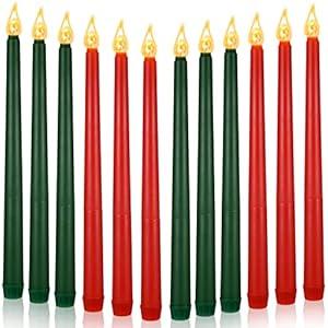 CHENGU 12 Pcs LED Taper Candles Flameless Battery Dripless Dinner Candles for Thanksgiving Day, Weddings, Church, Hanukkah, Christmas, Autumn, New Year Celebration(Red, Green, Taper)