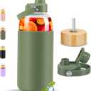 PROBTTL Glass Water Bottles 64 oz, Half Gallon Glass Water Bottle with Straw, Silicone Sleeve, 2 Lids - Handle Spout & Bamboo Straw Lid (Olive)