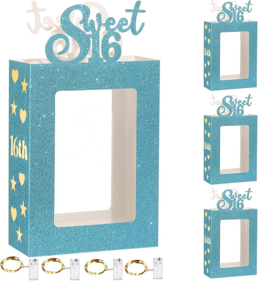 Yerliker 8 Pcs Happy Sweet 16th Birthday Photo Frame Table Centerpieces Decorations with 4 Light String for Girls' 16th Party Supplies(Blue)