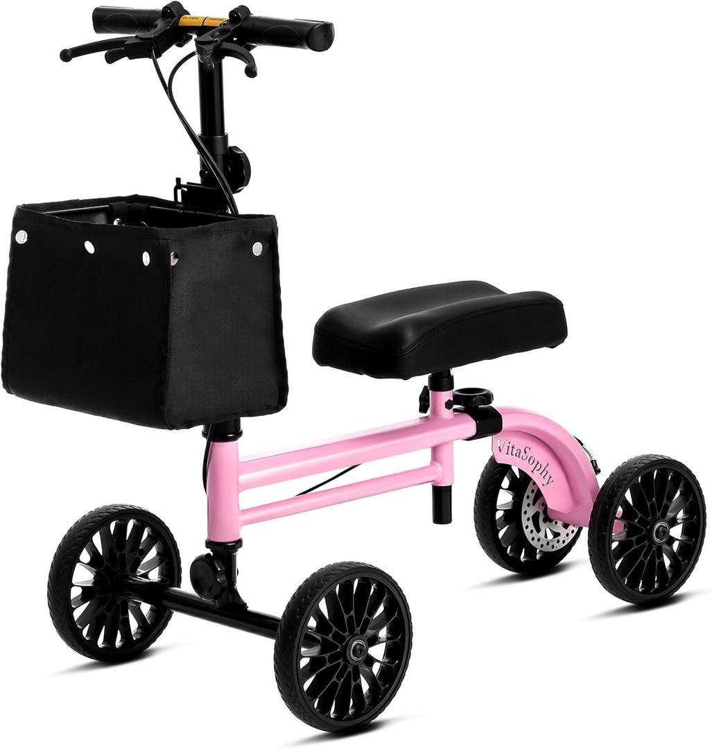 Knee Scooter with Disc Brake System, Steerable Knee Walker for Adults for Foot Surgery, Broken Ankle, Foldable Rover Scooter for Broken Foot Injured Leg Crutch (Pink)