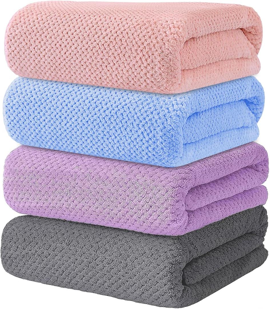 4 Pack Bath Towel Set, Lightweight Waffle Bath Towel Set, Microfiber Super Soft Highly Absorbent, Sturdy Quick Drying Towels for Bathroom, Gym, SPA, Yoga (4 Pack) (1grey+1purple+1blue+1lightpink)