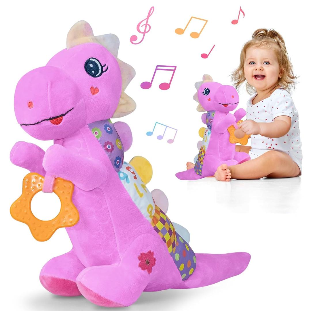 Baby Dino Plush Soft Stuffed Animal Toy for 0-3-6-12+ Months,Infant Musical Toy with Rattle,Squeaker,Sensory Crinkle,Teether & Textures,Toys for Christmas Baby Gift for Newborn Girl Boy 